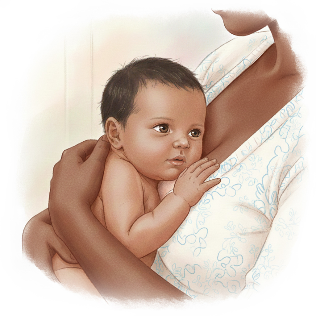 En pigg bebis vid sin mammas bröst