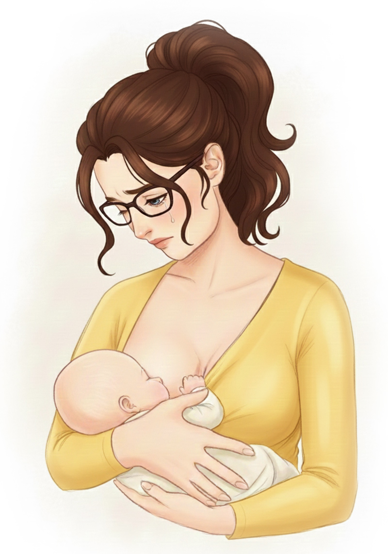 En kvinna som ammar och ser ledsen ut