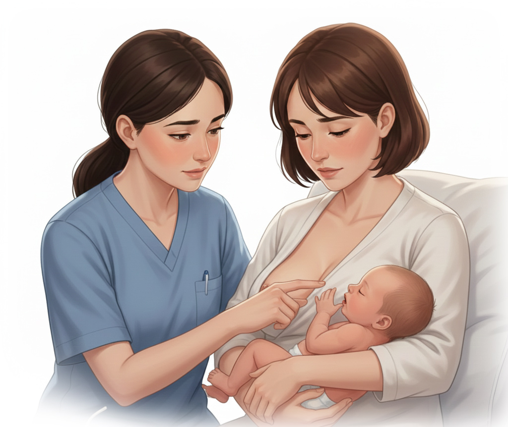 Sjuksköterska och en ung mamma med en nyfödd bebis