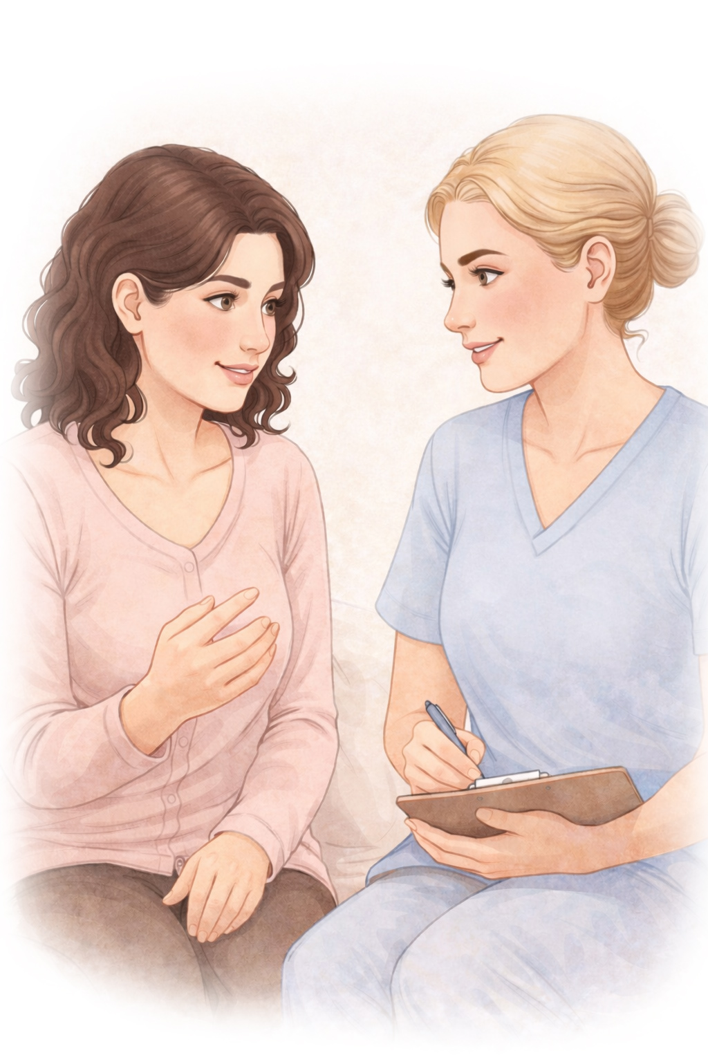 Kvinna som sitter och pratar med en sjuksköterska