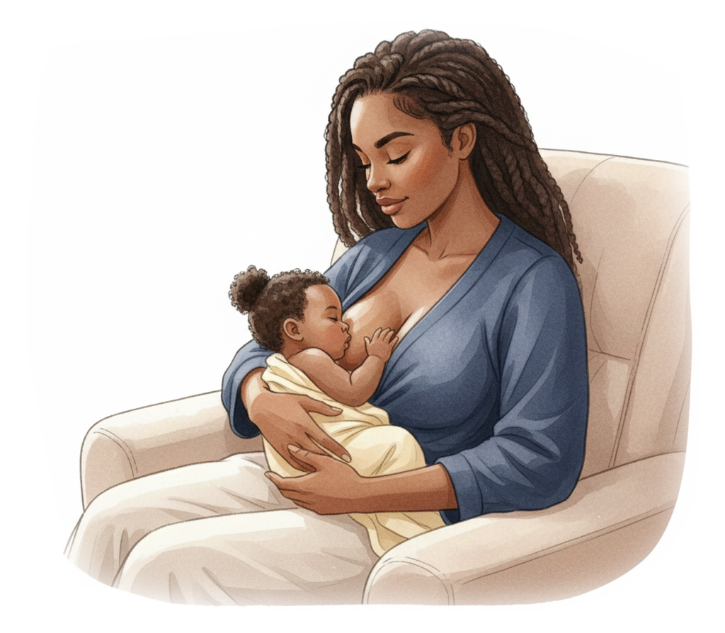 Kvinna som sitter med en bebis vid bröstet