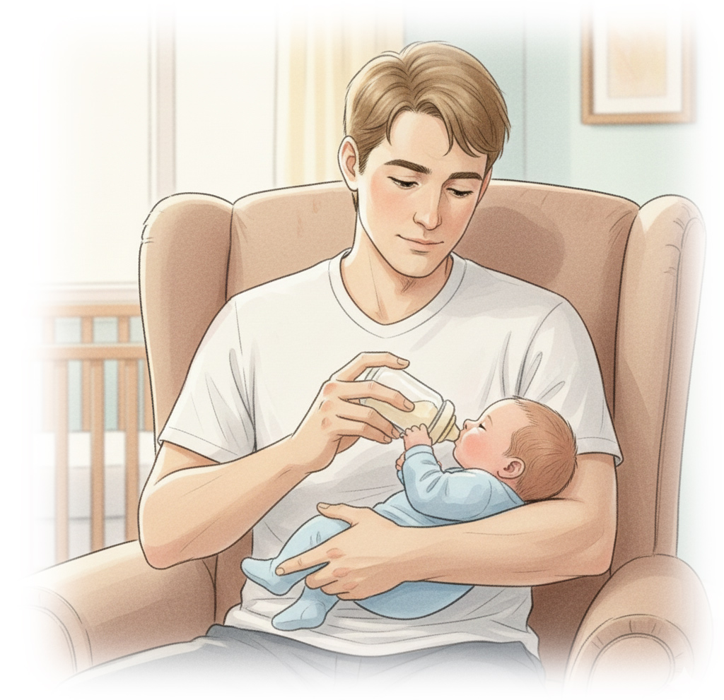 En pappa som matar en bebis med nappflaska