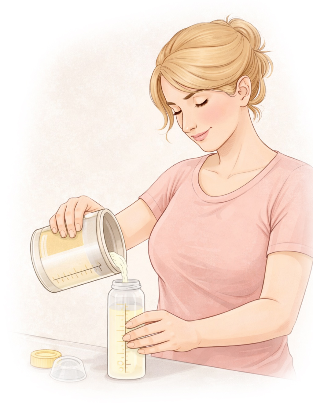 Kvinna som håller modersmjölksersättning i en nappflaska