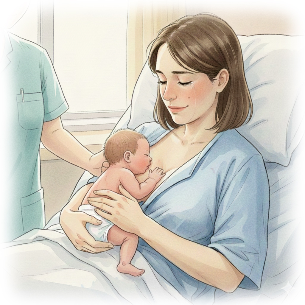 Kvinna som har en nyfödd bebis över bröstet