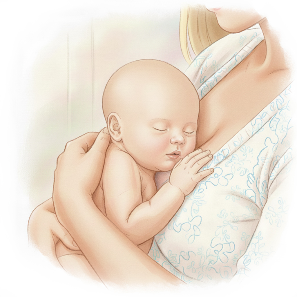 Bebis som ligger tryggt i sin mammas famn