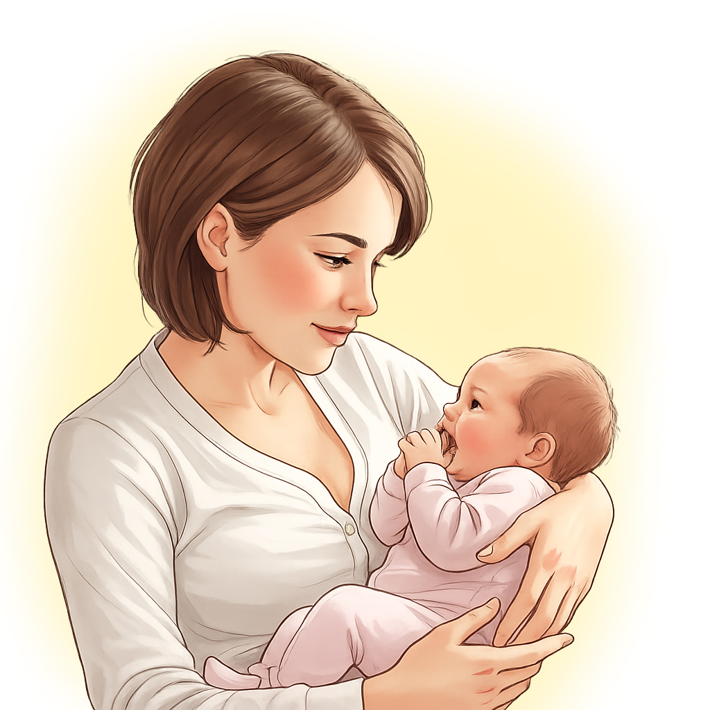 Liten bebis som suger på sin hand i sin mammas famn