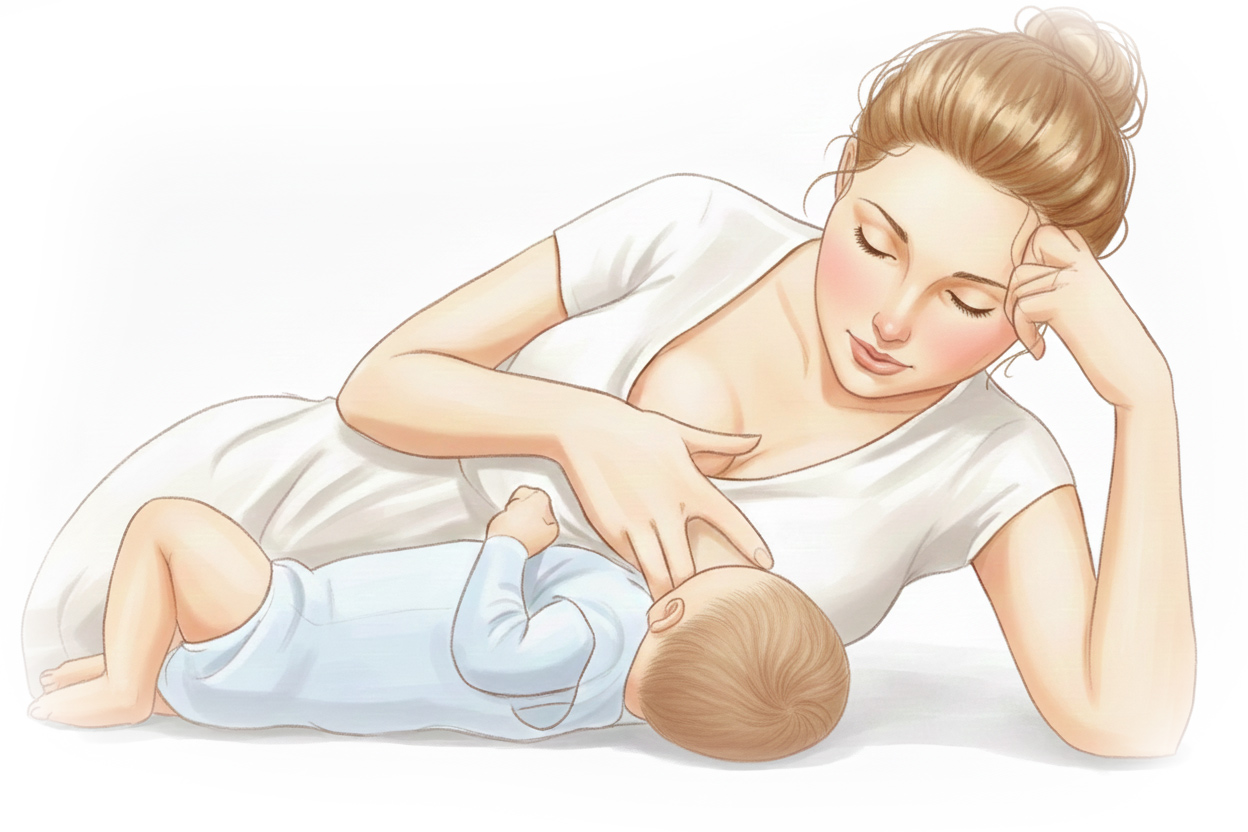 Kvinna som ligger ner och ammar sin bebis